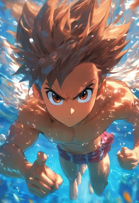 foreshortening,  profundidade de campo, master part, best quality, 1mo, 1Young man, brown hair, olhos castanhos,  cabelos longos, underwater, bolha de ar, sozinho, Olhando para o Viewer, school school swimsuit, swimming,  luz solar fraca, gordo, bonito, na...