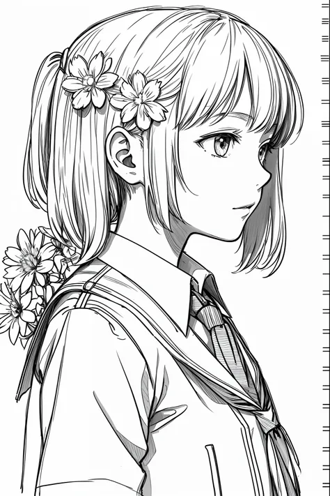 masterpiece, acura, 1girl, solo, short, profile close-up, school uniform, tie, flower line drawing background, white background, monochrome, line drawing, ((sketch))