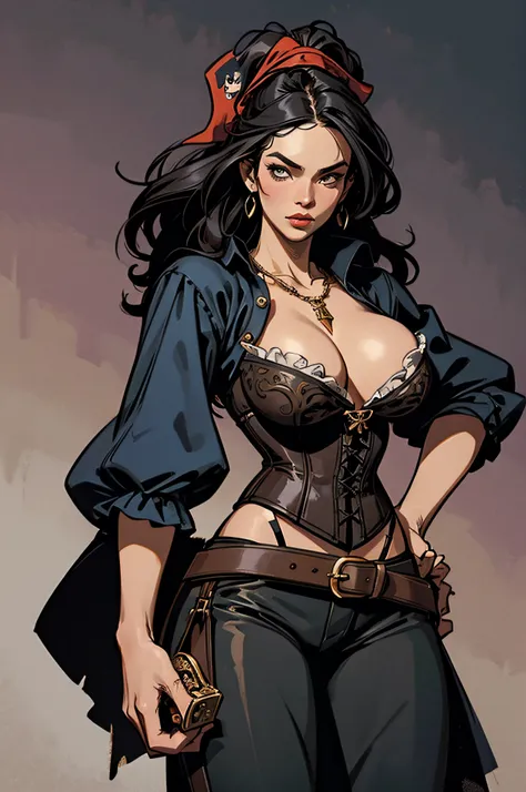 a female pirate with a sexy body figure, (pirate:1.25), hunting, medieval theme, ((milf)), fierce look, dynamic poses, dynamic a...