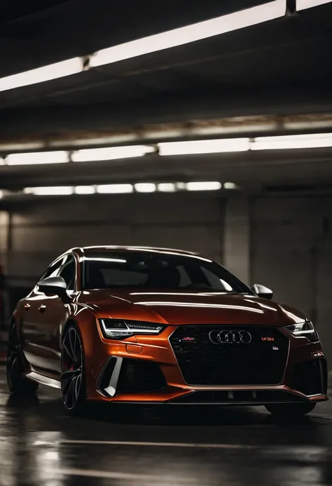 Audi RS7, drifter,  lowered, stanced, low profile tires, Toyo tires , parked in a dark empty parkade, low light, golden hour, overcast, light rays, raytracing, realism, crystal clear image, intricate details, 200mm f2, detailed asphalt, realistic cracks in...