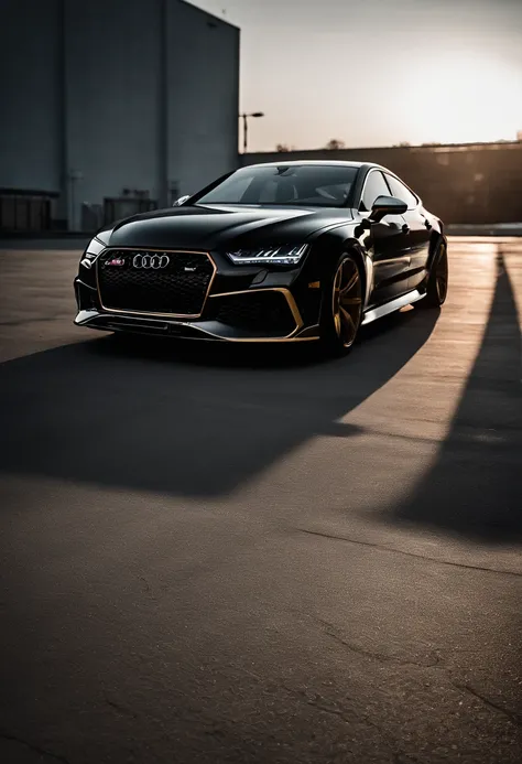 Audi RS7, drifter,  lowered, stanced, low profile tires, Toyo tires , parked in a dark empty parkade, low light, golden hour, overcast, light rays, raytracing, realism, crystal clear image, intricate details, 200mm f2, detailed asphalt, realistic cracks in...