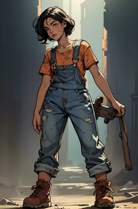 1woman miner 
overalls (open clothing) denim flannel slouchie sneakers
(action pose) full_body
dirty dusty atmosphere (crepuscular rays)