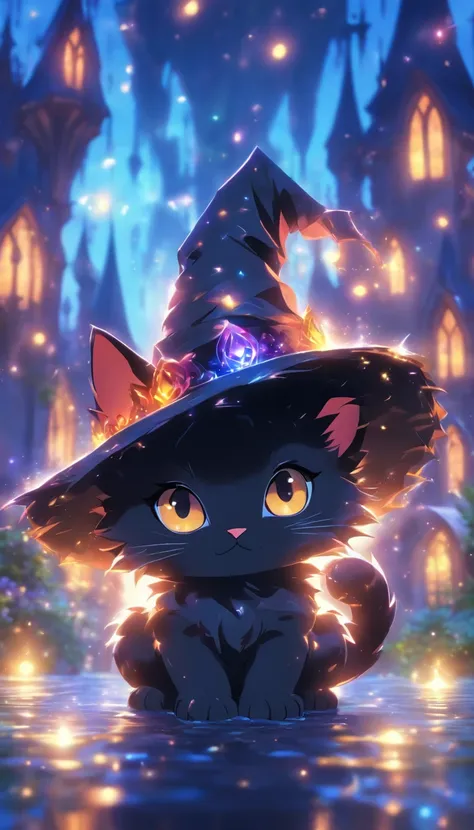 a round-eyed cute gothic kitten with witch hat, night aura, Garden fountain, glimmer, bokeh, Distant castle, mirror effect, volumetric lighting