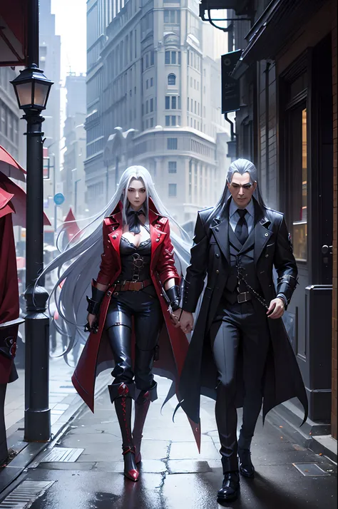 araffe dressed in a red coat and black pants standing on a sidewalk, alucard, son of sparda, sephiroth, a photo of sephiroth, sa...