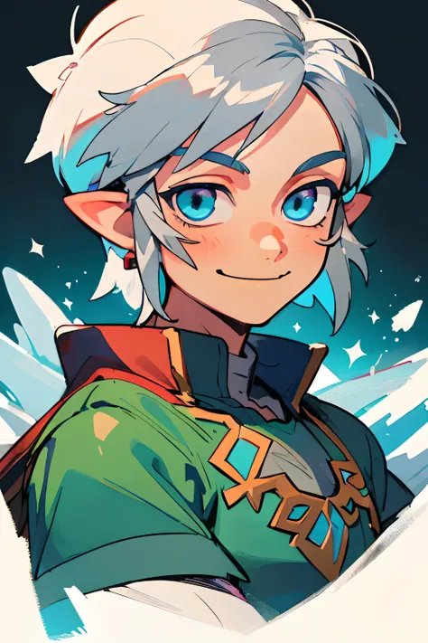 (best quality, masterpiece), 1boy, legend of zelda, link, smile, upper body, frosty silver hair, ice-blue eyes