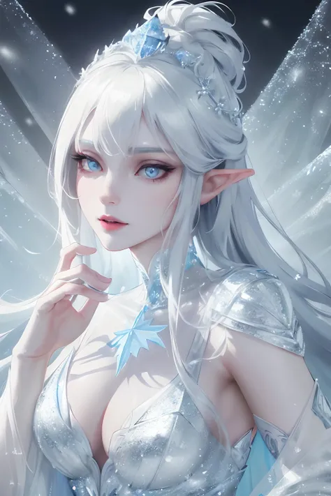 An elven girl with ice powers, wearing a beautiful icy blue dress, standing in a snowy frozen landscape. The girl has long silver hair, sparkling blue eyes, and pale, flawless skin. Her dress is made of shimmering ice crystals, with intricate frost pattern...