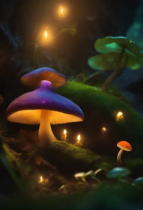 Caves, glowing exotic plants, dreamy, colorful, mushrooms, fireflies, leprechaun sitting on a mushroom