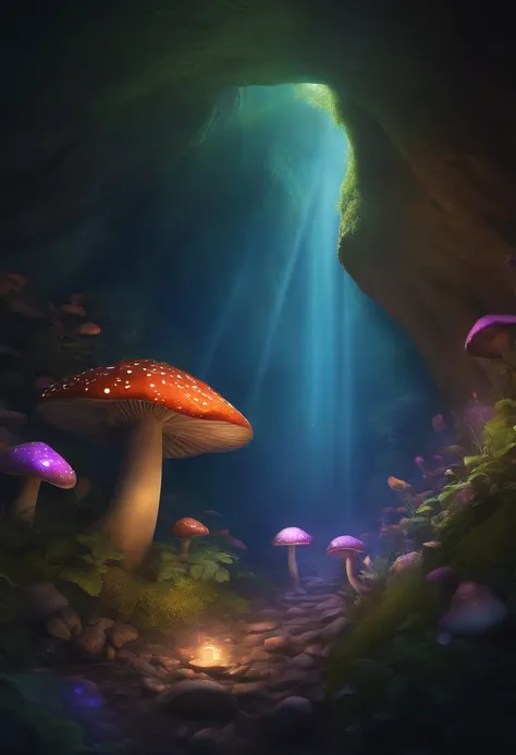 A cave filled with glowing exotic plants, creating a dreamy and colorful atmosphere. The plants emit vibrant hues of purple, blue, and green, creating a mesmerizing glow that illuminates the surroundings. The cave is adorned with an abundance of beautiful ...