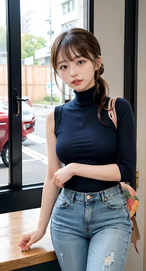 (((Look away,poneyTail、Stand on one leg、Mouth ajar))),(((((Mock Neck Top、Sleeveless、turtle neck、Tight denim pants))))),((at the library、Reading a book))、masutepiece, 1girl in, best qualtiy, Ultra Detail, (shiny), (Small)、(((with blush cheeks,))),Ray tracin...