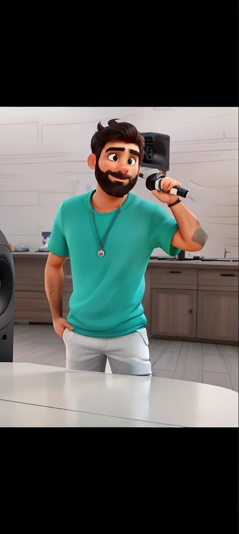 Pode melhorar barba mais rala, Make the full body appear white shoes, com brinco na orelha esquerda, cabelo arrepiado. Man stands on black background on a speaker-like stage with microphone in one hand and book in the other in Disney pixar style best quali...