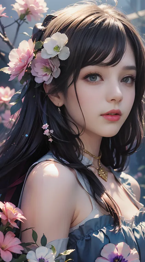 add_detail:2,1girl,detailed face,princess,taoist),flower, lisianthus ,in the style of light pink and light azure, dreamy and rom...