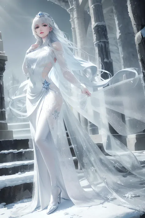 An elven girl with ice powers, wearing a beautiful icy blue dress, standing in a snowy frozen landscape. The girl has long silver hair, sparkling blue eyes, and pale, flawless skin. Her dress is made of shimmering ice crystals, with intricate frost pattern...