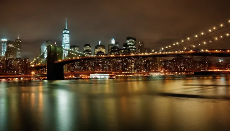 new york city skyline, night, brooklyn bridge, light snow, dramatic lighting, city lights reflecting on water in river,   ele tem cerca de 30 anos, ele tem cerca de 3 0 anos de idade, cerca de 3 5 anos,  2 7 anos, Foto de perfil, 2 9 anos, bonito e atraent...