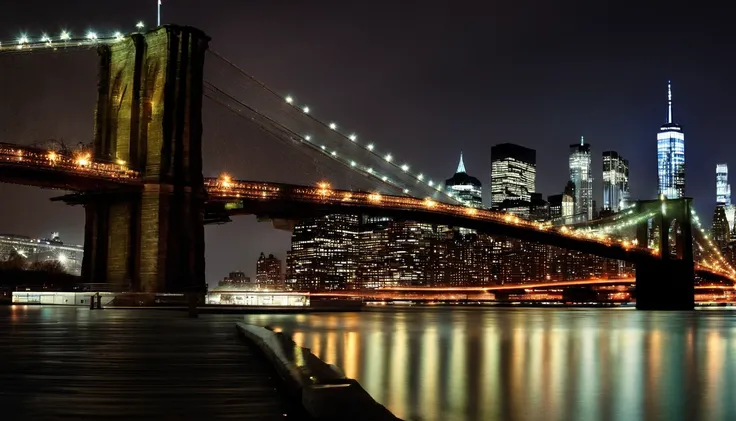 new york city skyline, night, brooklyn bridge, light snow, dramatic lighting, city lights reflecting on water in river,   ele tem cerca de 30 anos, ele tem cerca de 3 0 anos de idade, cerca de 3 5 anos,  2 7 anos, Foto de perfil, 2 9 anos, bonito e atraent...