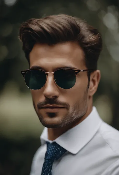 Um homem de 30 anos, com cabelos castanhos curtos,face de diamante, olhar rigoroso, e olhos castanhos, Wearing white white shirt with tie and glasses.