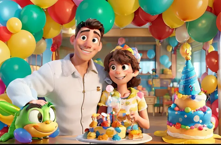 A man and a girl wrapped in balloons on their birthday, alta qualidade, melhor qualidade, estilo disney pixar