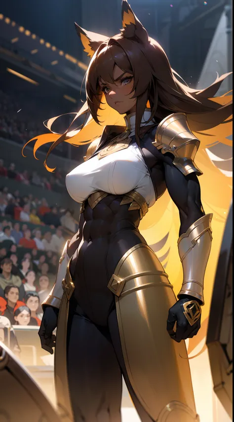 (Original Character,8k, Masterpiece, Best Quality,Detailed, Beautiful Detailed Eyes, solo),1woman ,30s,serious face,white and golden armor,medium tits,brown hair,large hair,brown eyes,fox ears,((standing in a arena of battle,night)),((colored skin,Dark ski...