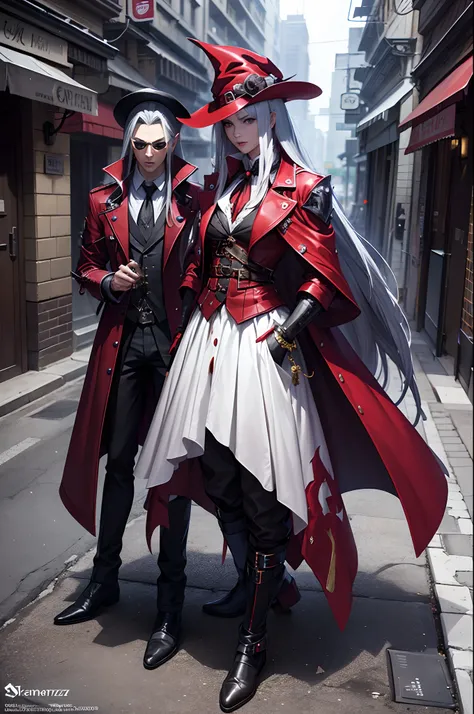 araffe dressed in a red coat and black pants standing on a sidewalk, alucard, son of sparda, sephiroth, a photo of sephiroth, sa...