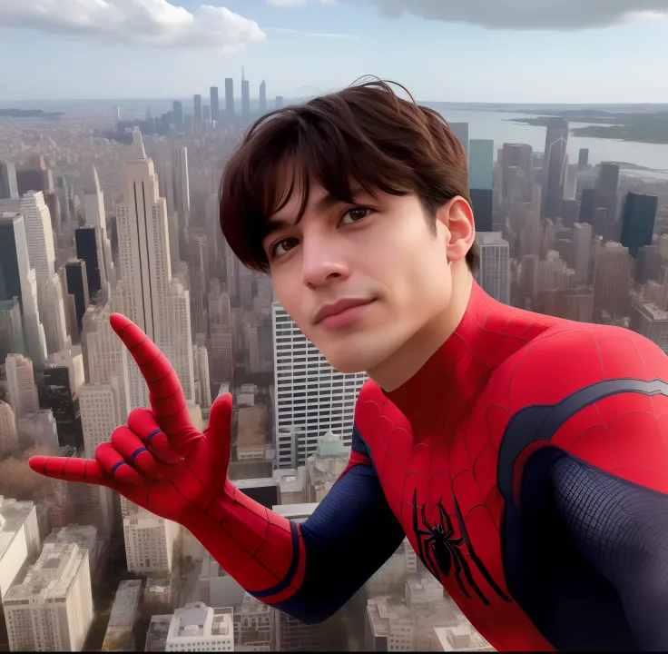 Spider - Man posa para uma foto em frente a uma paisagem urbana, Peter Parker como Homem-Aranha, Jungkook, Pedro Parker, Tom Holanda, aranha - homem, Homem-Aranha, Cai Xukun, Spiderman, Michael Jackson como Homem-Aranha, Fotografia selfie 8k, foto de perfi...