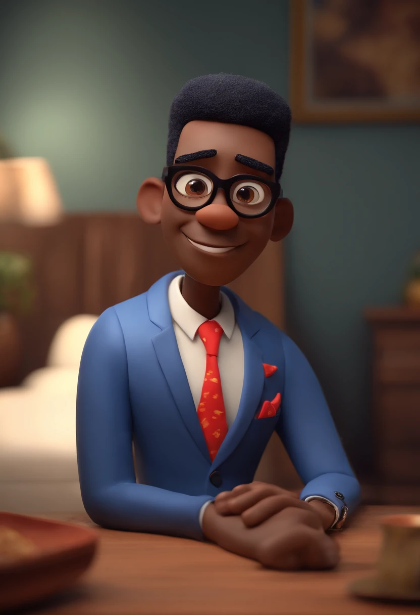 Pixar Disney cartoon character of a black man with black glasses dressed in blue suit, blusa branca, gravata vermelha , animation character, Caractere estilizado, animation style rendering, 3D estilizado,Pose de personagem,  (Estilo Pixar)