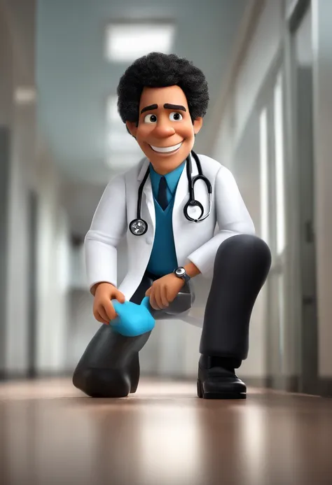 Create a Disney Pixar-inspired poster with the character being an orthopedic doctor, Knee Surgeon, 45-year-old Japanese descendant, cabelos pretos e corte social, No glasses and no moustache, usando jaleco com camisa azul e gravata vermelha, Black dress pa...