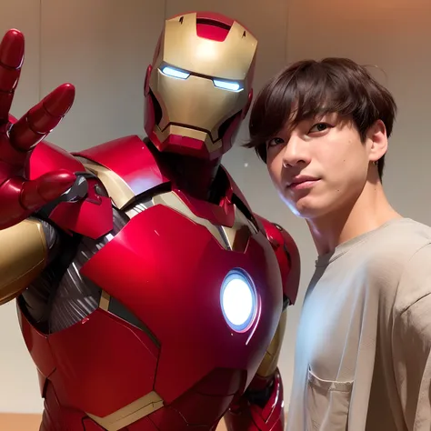 Araffed man posing with an iron man statue, como o Ironman, figura de cera, Ironman, Masayoshi Suto e Artgerm, Homem de Ferro, artista desconhecido, foto de perfil, 🦩🪐🐞👩🏻🦳, Artista coreano, 8k!, Capturado no iPhone, Jungkook, master part, artista desconhec...