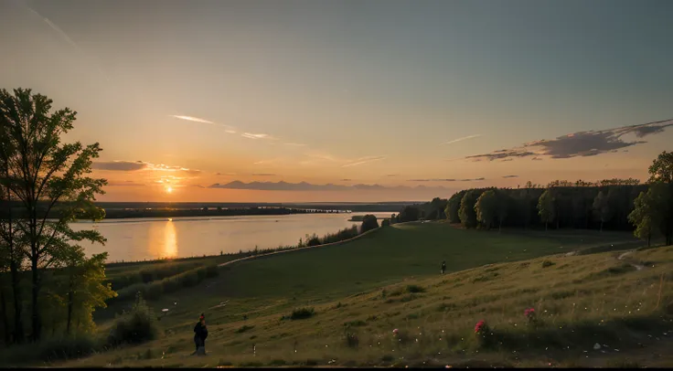 Landscape of the Belarusian Belovezhskaya Pushcha, at sunset, lake