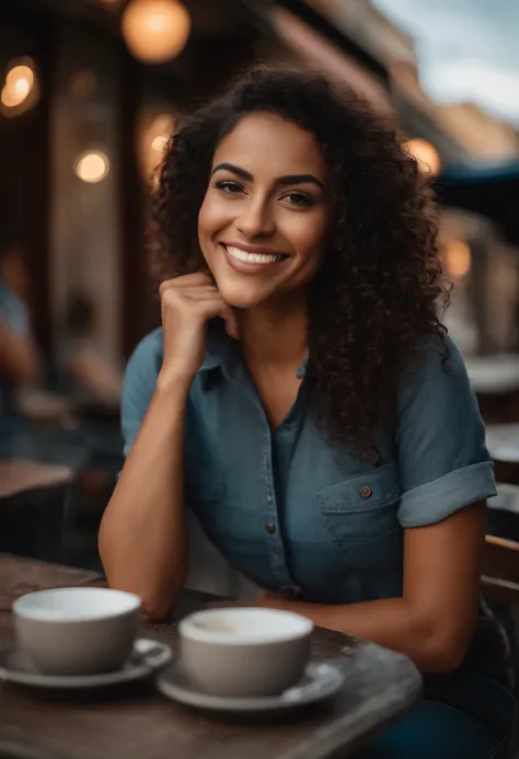 Beautiful Brazilian mulatto woman sitting and drinking coffee outside on the side of the street in a small café, beautiful face, Short curly black hair down to the nape of her neck with brown eyes and heavy eyeshadow, Wearing jeans and a black polo shirt, ...