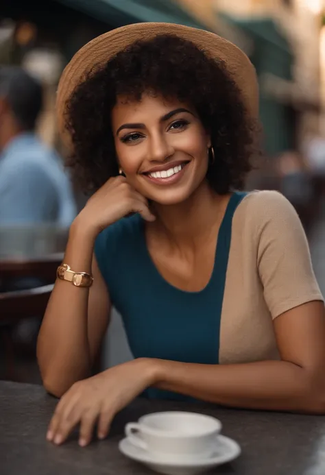 Beautiful Brazilian mulatto woman sitting and having coffee outside on the side of the street in a small café, beautiful face, Short curly black hair down to the nape of her neck with brown eyes and heavy eyeshadow, Wearing jeans and a black polo shirt, gr...