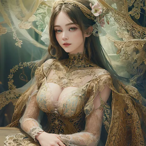 best quality, ultra-detailed, realistic, art nouveau, oil painting, vibrant colors, soft lighting, luxurious atmosphere, intricate lace details, flowing floral patterns, delicate see-through fabric, ornate armoured dress, the girl is seated on a velvet cha...