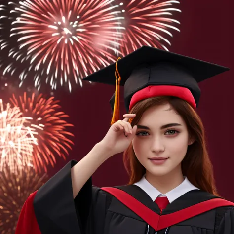 Majestic style, high quality, 4k, (a black university graduation hat: 1.1), artistic red background, (espectacular fireworks around the hat: 0.8)