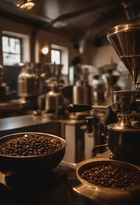 Create a detailed and atmospheric image of a coffee roastery. The setting is industrial yet inviting, with warm lighting that highlights the gleaming coffee roasting machines made of brass and copper. Sacks of green coffee beans are stacked in the backgrou...