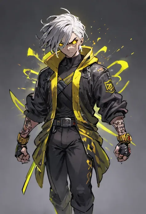 fully body photo, Cyberpunk man with silver hair shortcut, Black and yellow-green cyberpunk clothes, a cool, Photorealistic, Cinematic lighting、Luxury、being thin、Yellow eye color、Red around the eyes、having katana