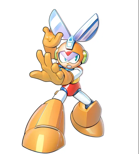 Cartoon character of a man with a big head and a big nose, this character has cryokinesis, MegaMan, MegaMan, Humanoid form, offcial art, toonix character, friendly carrot cyborg, hero action pose, rabbit robot, hero pose, Gelbooru anime image, edgBunny_Cha...