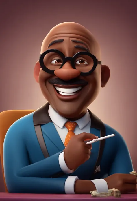 a Disney Pixar 3D style poster of a 50 year old man, brown skin, bald head, black hair and no beard, pot belly smoking a lot and laughing, wears square glasses