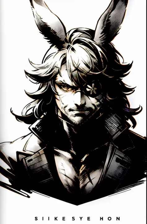 shinkawa youji, male viera, black and white, medium hair, 1male, stern look, portrait, facial scars, eyepatch ((masterpiece))