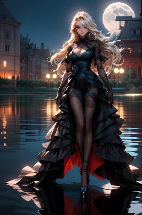 an award winning photoshoot, picture of an extremally beautiful woman model walking on a fashion the (wood catwalk on the runway of a famous fashion show: 1.1) floats on a lake at night, a very beautiful woman, elite Beauty model, long hair, blond hair, gr...