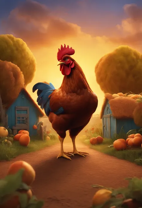 Make a Pixar and Disney-style chicken in the farm plot,segurando uma placa de uma loja escrito F.C Ovos