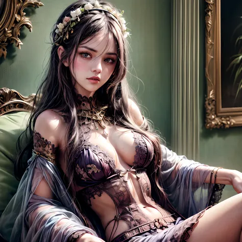 Selena Gomez, best quality, ultra-detailed, realistic, art nouveau, oil painting, vibrant colors, soft lighting, luxurious atmosphere, intricate lace details, flowing floral patterns, delicate see-through fabric, ornate armoured dress, the girl is seated o...
