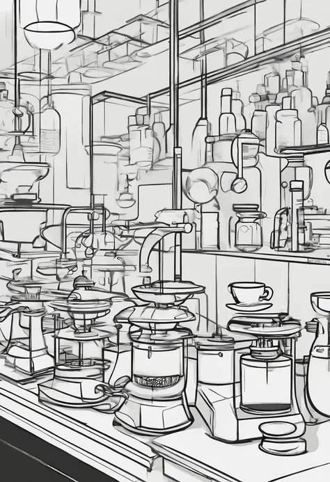 Generate a line art illustration of a coffee cupping session in a laboratory setting. The scene should include a long table covered with multiple rows of small, white coffee cups filled with different coffee brews. Professional cuppers are standing around ...