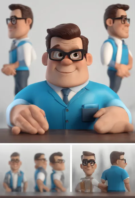 Cartoon character of a man with black glasses and a blue shirt, animation character, Caractere estilizado, animation style rendering, 3D estilizado, Arnold Maya render, 3 d render stylized, toon render keyshot, Personagem 3D, Personagem 3D, 3d rendering st...