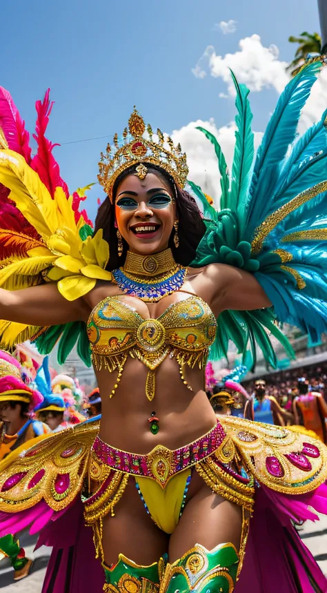 A vibrant photo of Rio de Janeiros Carnival parades, with colorful costumes, lively music and a cheering crowd, illustrating the infectious energy and joy of this festival.