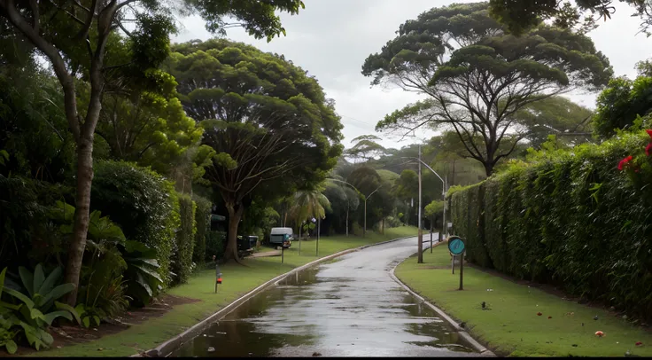 Vista do topo de uma floresta tropical em um dia de chuva forte