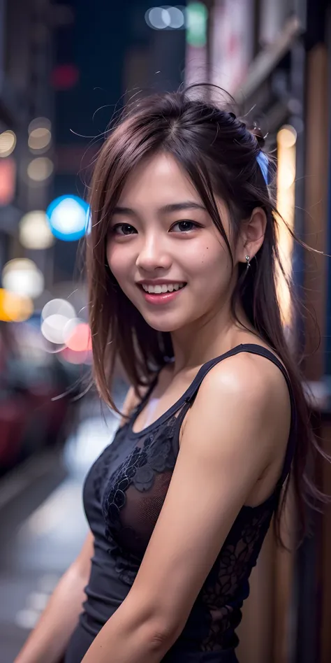 1 malay girl, Tokyo street,night, cityscape,city lights,upper body,close-up,smile,, (8k, RAW photo, best quality, masterpiece:1.2),(realistic, photo-realistic:1.37),