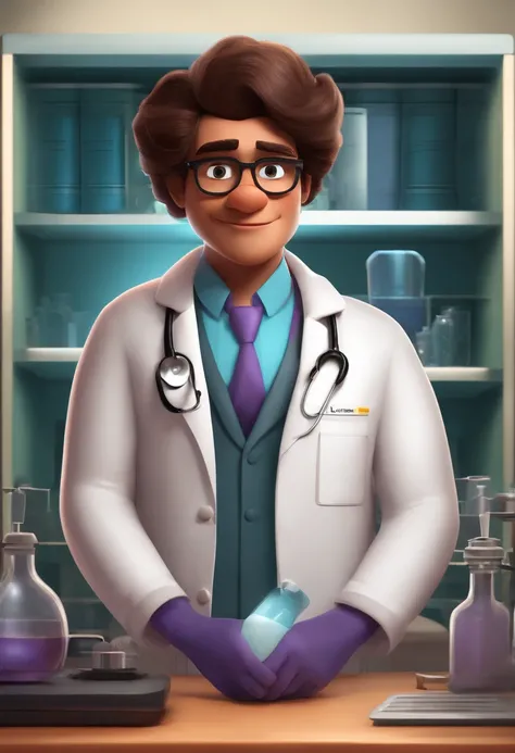 Create a pixar-style character inside a lab coat. Personnage brun