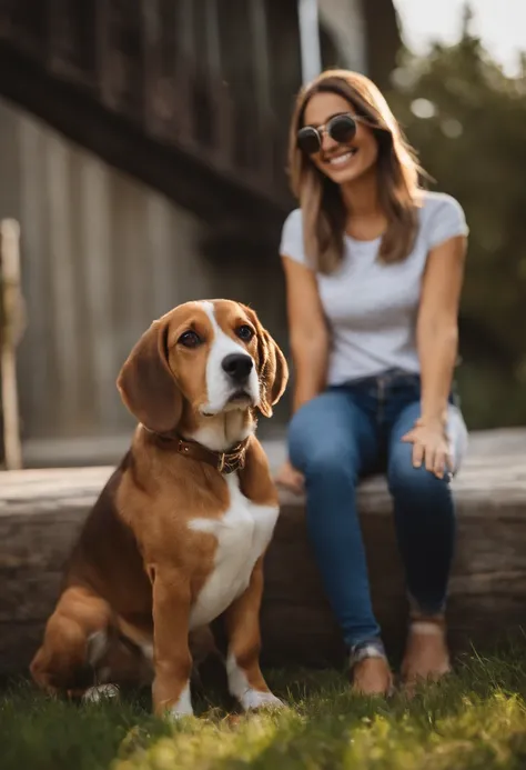 Pixar. Casal com um filhote de cachorro beagle marrom. A menina tem os cabelos loiros amarrados, Camiseta cinza e jeans claro, white glasses. O menino de cabelos pretos com cabelos grisalhos, barba pequena, oculos, Dark blue jeans and gray t-shirt. They ar...