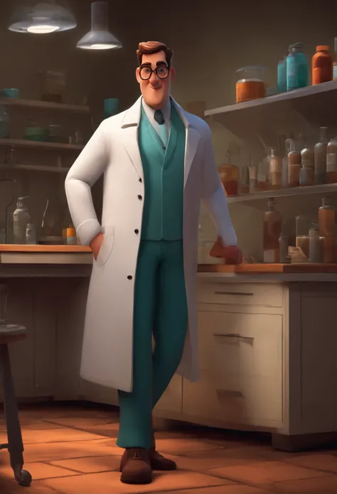 Create a pixar-style character inside a lab coat. Personnage brun