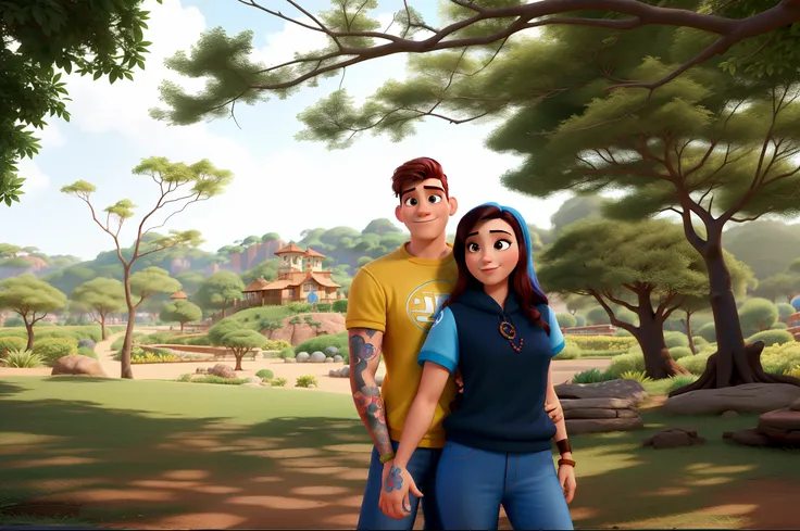 Casal (homem moreno e mulher branca) no estilo Disney Pixar, alta qualidade, melhor qualidade.