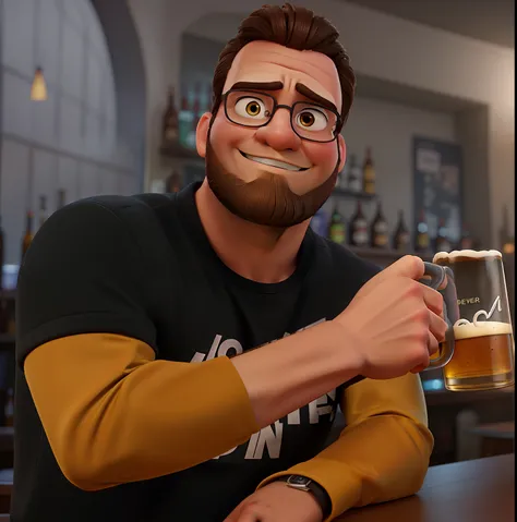 Poster in Disney pixar style, high quality, best quality, sexy light brunette man, 34 years old, wide forehead, quiff hair, black beard, muscular, holding a mug of beer, in a bar background with low light.