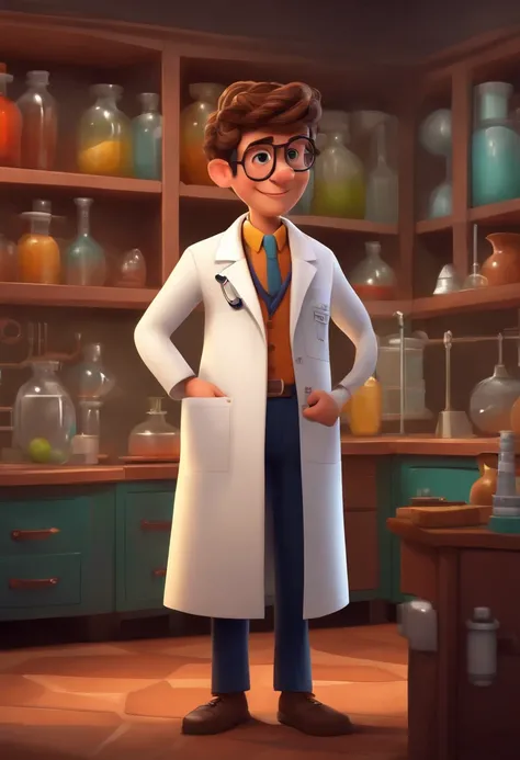 Create a pixar-style character inside a lab coat. Personnage brun